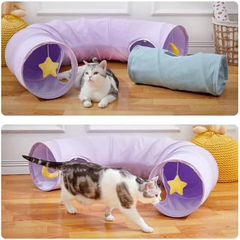 Cat Tunnel, Large Indoor Durable Collapsible Interactive Cat Tube with Peek-A-Boo Hole, Hanging Toys, and Crinkly Paper Lining - Cute Tunnel for Cats, Kittens, Puppies & Rabbits, Purple - Image 3