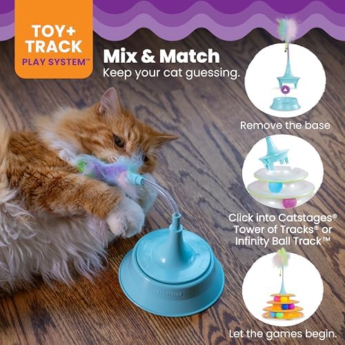 Catstages 2-in-1 Spring Teaser Cat Toy – Bouncy Interactive Cat Ball Track Add-On with Feathers & Bells, Blue - Image 5