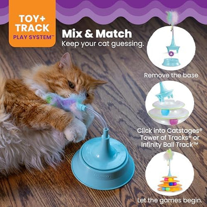 Catstages 2-in-1 Spring Teaser Cat Toy – Bouncy Interactive Cat Ball Track Add-On with Feathers & Bells, Blue - Image 5