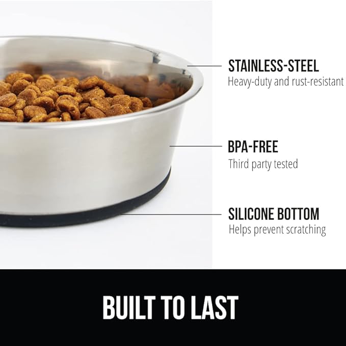 GORILLA GRIP Dog Bowl, Holds 8 Cups (64 fl oz), Food Grade 304 Stainless Steel Food and Water Bowl for Feeding Dogs and Cats, BPA Free Rubber Base, Easy Clean, Dishwasher Safe, Rust Resistant, Black