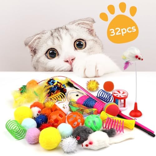 QUOZUO Cat Toys Kitten Toys Assortments, 32 Packs Interactive Cat Toy Variety Pack for Kitty, Cat Wand Toy, Cat Crinkle Balls Bell Balls with Bells, Cat Spring Toy, Catnip Toys for Indoor Cats Kitten - Image 4
