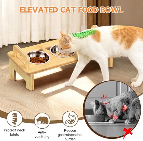 Bamboo Elevated Cat Bowls, 3 Stainless Steel Raised Cat Bowl with Stand, 15°Tilted Cat Feeding Station, Cat Food and Water Bowl Set for Small Cats, Anti Vomitting, Whisker Fatigue (Natural) - Image 3