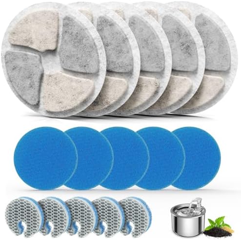 Stainless Steel Cat Water Fountain Filters, 5 Pack Replacement Filters Fit for Round 2L/67oz Automatic Pet Fountain, Filter with Triple Filtration System (5+5+5) by BAOFUM