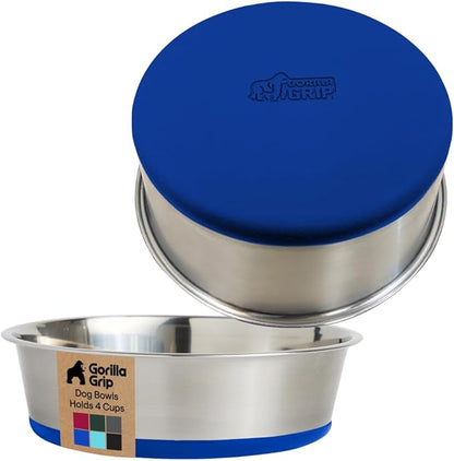 GORILLA GRIP Dog Bowls, Food Grade 304 Stainless Steel, Holds 4 Cups Each (32 fl oz) Food and Water Bowl for Feeding Dogs and Cats, Dishwasher Safe, Rust Resistant, BPA Free Rubber Base Set of 2 Blue