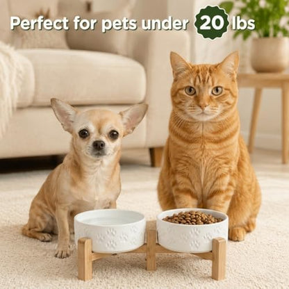 SPUNKYJUNKY Elevated Dog Bowls Ceramic, 5.1'' Dogs and Cat Food Water Bowls Raised with Non-Slip Bamboo Stand for Puppy Small Sized Breed Microwave Dishwasher Safe - 13.5 OZ,Paw White - Image 7