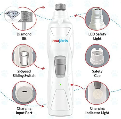 REXIPETS Cat and Dog Nail Grinder - Rechargeable Electric Pet Nail Clipper & Trimmer- Painless Paws Grooming - Quiet 2-Speed Motor. 3 Size Ports for Small, Medium, Large Pets- Up to 4 Hours of Charge - Image 2
