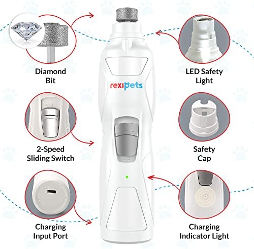 REXIPETS Cat and Dog Nail Grinder - Rechargeable Electric Pet Nail Clipper & Trimmer- Painless Paws Grooming - Quiet 2-Speed Motor. 3 Size Ports for Small, Medium, Large Pets- Up to 4 Hours of Charge - Image 2