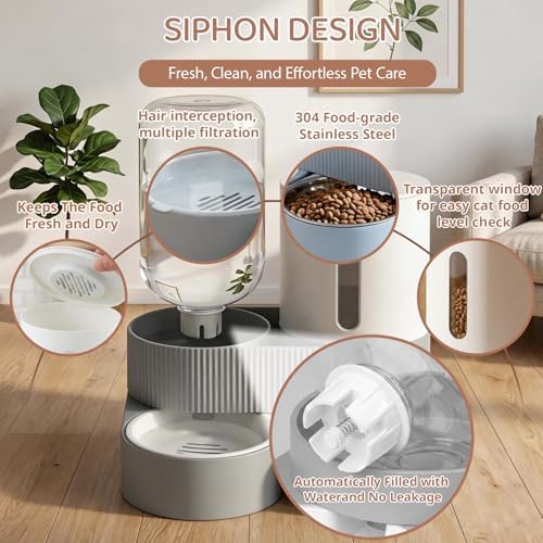 Gravity Cat Feeder 2 Pack Automatic Food Feeder and Water Dispenser Set Detachable Pet Bowl with Silicone Mat for Cats Small Medium Dogs, Large Capacity(Grey) - Image 2