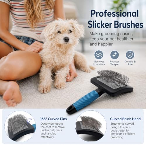 Dog Brush For Long Haired Dogs Poodles-Dog brushes for grooming&shedding-Large Firm Slicker Brush for Goldendoodles-With Soft Massage Grooming Stainless Steel Pins, Pet Grooming Wire Brush-25mm(1") - Image 5