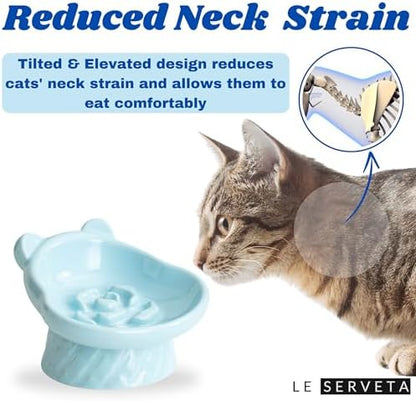 Winnie The Pooh Series Ceramic Slow Feeder Cat Bowl, Raised Anti-Gulping Design with Bear Ears, Pastel Colors, Quilted Pattern Base (Blue) - Image 4