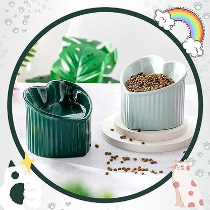 Mumufy 2 Pcs Ceramic Elevated Cat Bowls Tilted Elevated Raised Pet Bowls Anti Vomit Cat Dish for Indoor Stress Free Water Dish Feeder for Puppies, Heart Shaped(Macaron Blue, Peacock Green) - Image 4