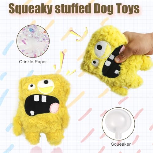 Monster Stuffed Squeaky Dog Toy, Crinkle Dog Plush Toy, Yellow - Image 2