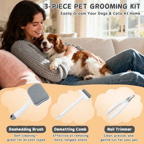 3-Piece Dogs & Cats brush for shedding - Self Cleaning Slicker Brush, Dematting Comb & Nail Clipper - Professional 3-in-1 Grooming Set for Shedding, Mats & Tangles - Easy At-Home Pet Care Tools - Image 3
