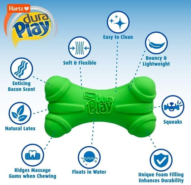 Dura Play Soft Dog Bone Toy for Gentle Chewers, Latex, Green Colors, Exterior is Made of Firm, Natural Latex for Durability, Medium