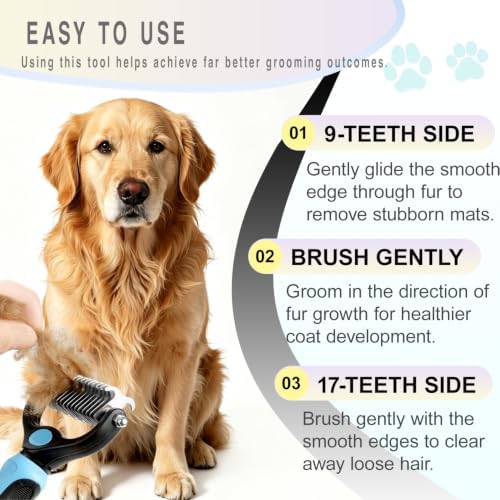 Dog Deshedding Rake for Shedding, Double-Sided Grooming Tool for Dogs & Cats, Gentle Skin-Friendly Pet Brush for Long and Short Hair Breeds, Removes Loose Hair and Keeps Coats Healthy (Brush & Comb) - Image 2
