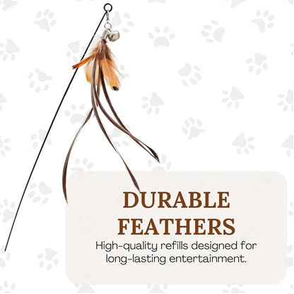 Interactive Cat Toys for Indoor Cats - 5 Replacement Feathers with Bells - Teaser Wand Toy - Self Play Bird Simulation - Bored Adult Feline Hunting Solo Chaser Activity - Kitten Juguetes para Gatos