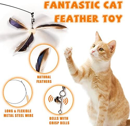JXFUKAL Cat Wand Toys, Interactive Cat Toys with 3 Feather Refills, 29'' Flexible Steel Wire, Sturdy Wood Handle & Bell for Kitty Kitten, Cat Toys for Indoor Cats Teaser Cat String Toy - Image 3