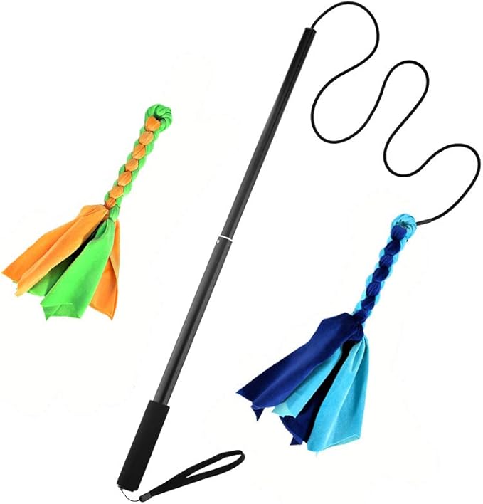 Interactive Dog Toys - Extendable Flirt Pole with 2pcs Fleece Lure Tugs for Dog Outdoor Entertainment, Train and Exercise, New Blue