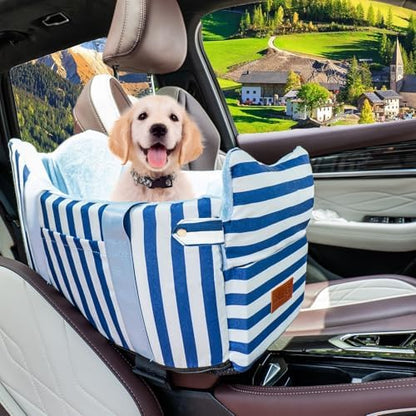 Console Dog Car Seat for Small Dogs to 15lbs (Blue& White Stripes) by HANMEIANINC