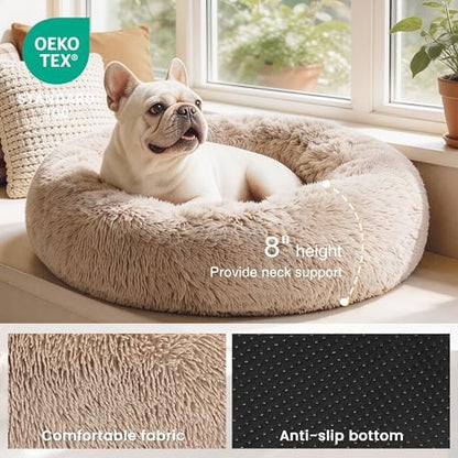 Love's cabin Calming Cat Bed for Indoor Cats, Anti-Anxiety Donut Round Dog Bed,Fluffy Faux Fur Washable Pet Bed for Small Medium Dogs and Cats, Taupe, 24in - Image 3