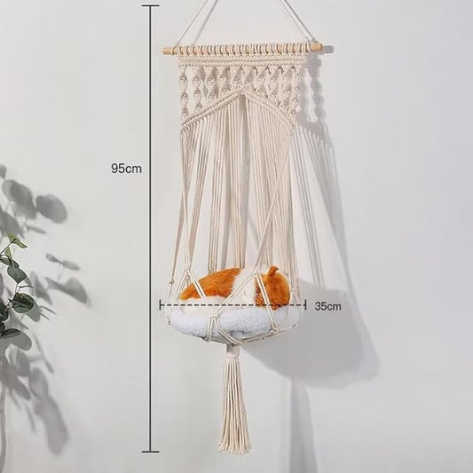Macrame Cat Hammock, Hanging Cat Bed Hammock Cat Swing for Indoor Cats, Boho Cat Swing Bed for Sleeping, Playing, Climbing, and Lounging, Picture 4