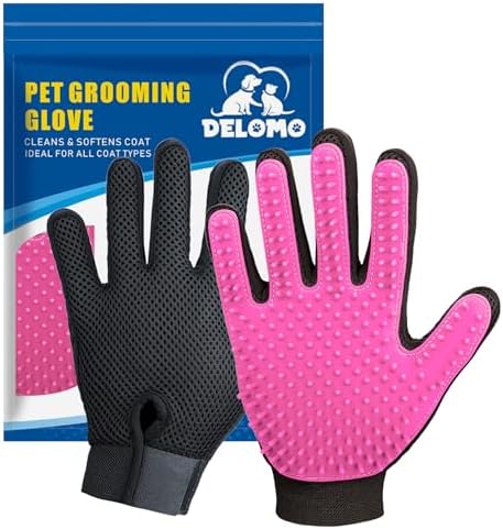 Pet Hair Removal Glove with 255 Silicone Tips for Dogs & Cats, 1 Pair Pink by DELOMO