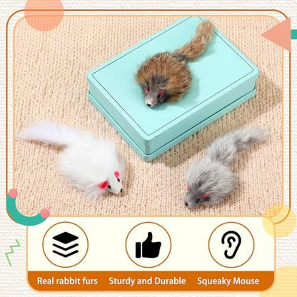 Lewtemi 24 Pcs Real Rabbit Fur Mouse Toys for Cats 12 Fluffy Rattle Mouse and 12 Fuzzy Cat Balls Realistic Fake Mice Without Catnip Interactive Kitty Toy for Pets Kitten Play - Image 2