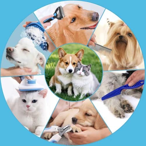 7PCS Dog Grooming Brush Kit for Shedding and Matted Fur, Self-Cleaning Slicker Brush with Undercoat Rake, Flea Comb for Long-Haired Pets, Blue - Image 6