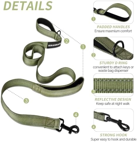 Reflective Dog Leash with Double Handle, Dog Leash 6 FT Long, Supports Medium, and Large Dogs, Heavy Duty for Walking, Running, and Training, Green - Image 2