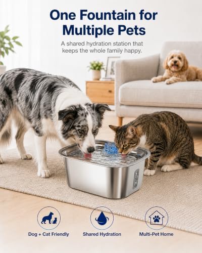 PETNF 2.4-Gallon Stainless Steel Dog Water Fountain for Large Dogs, Dog Water Bowl Dispenser with 4 Filters, Visible Water Window, Quiet Pump & LED Low-Water Indicator - Image 3