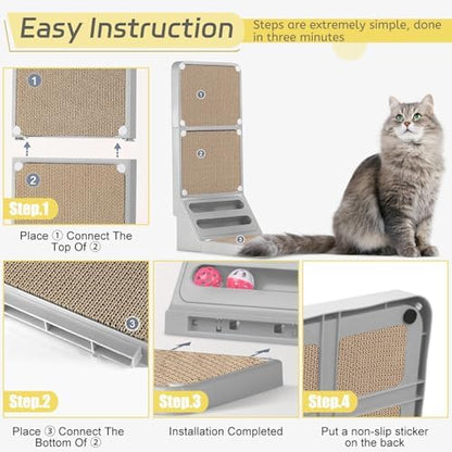 Cat Scratcher Cat Scratch Pad L Shape Wall Mounted Dual Use (Vert/Horiz) Kitten Bunifa Scratching Card Board Vertical Post with Ball Toys Feathers,Protecting Furniture Core is Replaceable Large Grey - Image 5