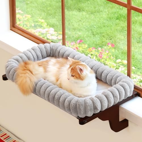 Zakkart SnugCloud Cat Perch for Windowsill (Dark Stained Wood/Gray, M) by Zakkart