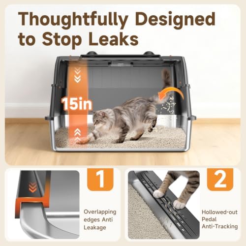 Stainless Steel Litter Box with Lid, High Sided Enclosed Metal Litter Box for Big Cats, Easy Cleaning Anti-Urine Leakage, Non-Sticky Cat Box, Front Entry Top Exit KittyBox, Includes Mat & Scoop - Image 4