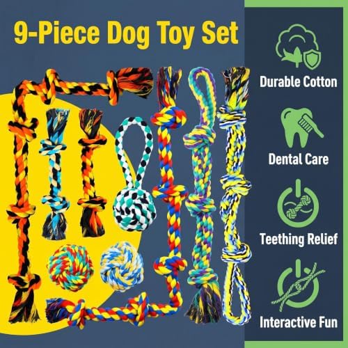 Speedy Panther 9 Pack Large Dog Rope Toys for Aggressive Chewers, 5 Knots Indestructible Chew Toy Kit for Medium Large Dogs, Puppy Teething Tug Toy, Colourful Cotton Dog Rope Toys - Image 2