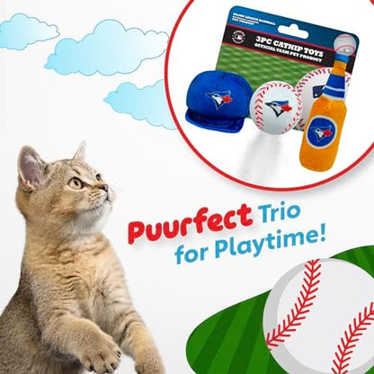 Best Plush CAT Toy - MLB Toronto Blue Jays Complete Set of 3 Piece Cat Toys Filled with Fresh Catnip. Incld: 1 Baseball Cap Cat Toy, 1 Baseball Cat Toy with Feathers & 1 Beer Bottle. Team Logos - Image 5