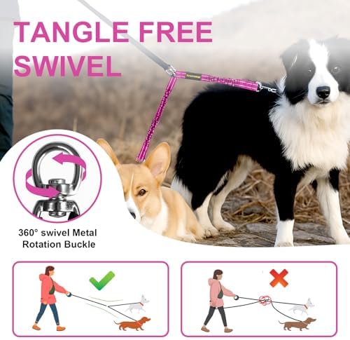 MingXpet 2 Dog Leash, Dog Leash for 2 Dogs, 360° Swivel No Tangle Double Walking Training Leashes for Small Dogs, Comfortable Shock Absorbing Reflective Bungee, Rose - Image 4