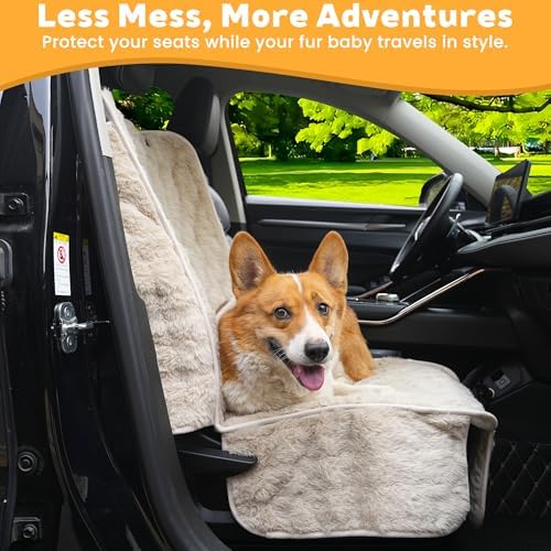 Dog Car Seat Cover, Waterproof Plush Pet Seat Protector, Beige, Front Seat - Image 6