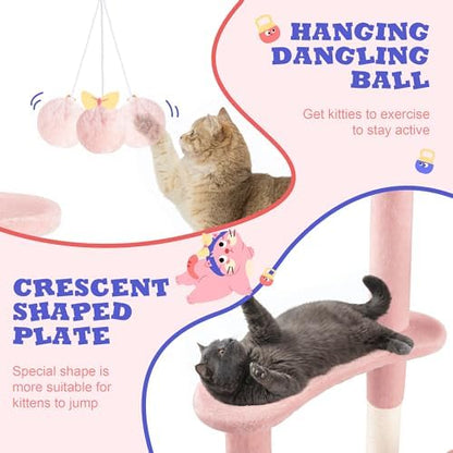 Allewie 55.5 in Cat Tree for Indoor Kitties/Soft Plush Perches/Multi-Level Cat Tower/Sisal Scratching Posts/Crescent Plates/Round Jumping Board/Hanging Ball/Pet Activity Center/Pink - Image 6