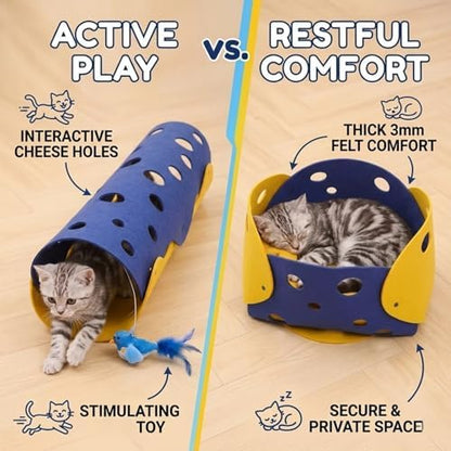 Felt Cat Tunnel and Bed Set, 2-in-1 DIY Foldable, Blue and Yellow, 5mm Thick, with Feather Bird Toy (Blue&Yellow, Large) - Image 3