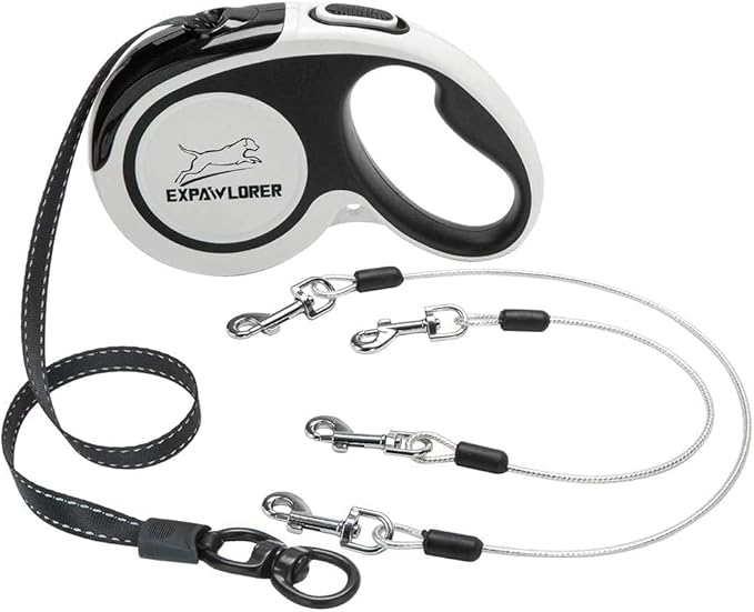EXPAWLORER Retractable Double Dog Leash - Chew Proof, 2 No Tangle Strong Wire Ropes, 16 ft Heavy Duty Walk Leash for Medium & Large Dogs (Black & White)