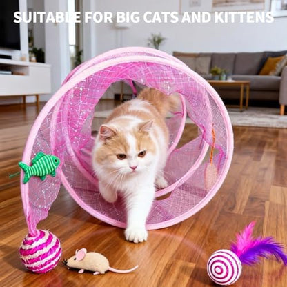 Cat Tunnel with Hanging Toys, Cat Toys Kitten Toys Assorted, Indoor Activity Center for Cats and Kittens, 10 x 22 inches (Pink) - Image 7