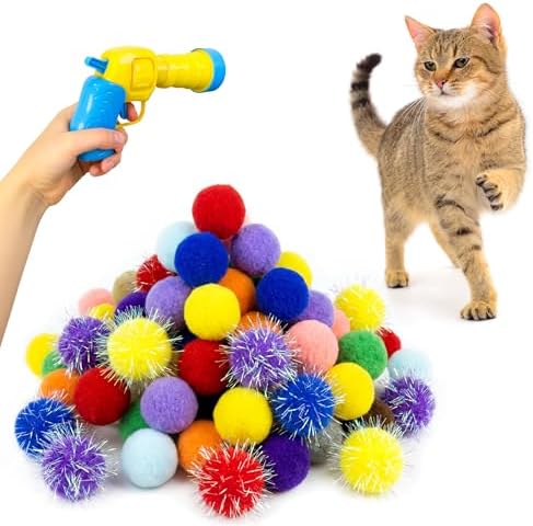 50 Count 1.2 Inches Pom Pom Balls with Cat Ball Launcher, Interactive Cat Toy for Indoor Kittens, 25 Pcs Sparkle and 25 Pcs Simple Pompoms are Included for Exercise, Training & Boredom Relief by Shizhoo