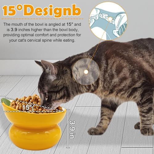 Hamiledyi Ceramic Raised Cat Bowls 15° Tilted Elevated Kitten Food Water Bowl Shallow Whisker Fatigue Kitty Dish Fruit Pet Feeding Bowls Feeder for Indoor Cats Small Dog (Yellow Orange) - Image 4