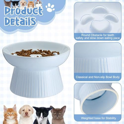 Tioncy 2 Pcs Ceramic Elevated Slow Feeder Cat Bowl, White, Blue - Image 3