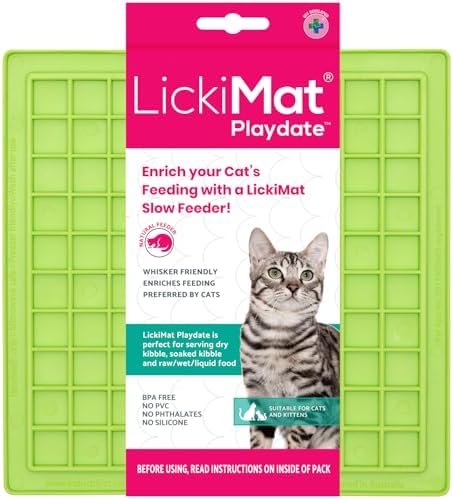 LickiMat Classic Playdate, Cat Slow Feeder Lick Mat, Boredom Anxiety Reducer; Perfect for Food, Treats, Yogurt, or Peanut Butter. Fun Alternative to a Slow Feed Cat Bowl or Dish, Green by LICKIMAT