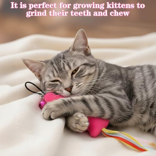 5 PCS Fish and Mice Catnip Toys Plush Filled, Cat Toys Pink Fish Catnip Toy for Cats Flopping Cats Fishs Toy Filled Soft Plush, Premium CatWandToy Accessories with Ribbons for Indoor CatKitten Play - Image 4