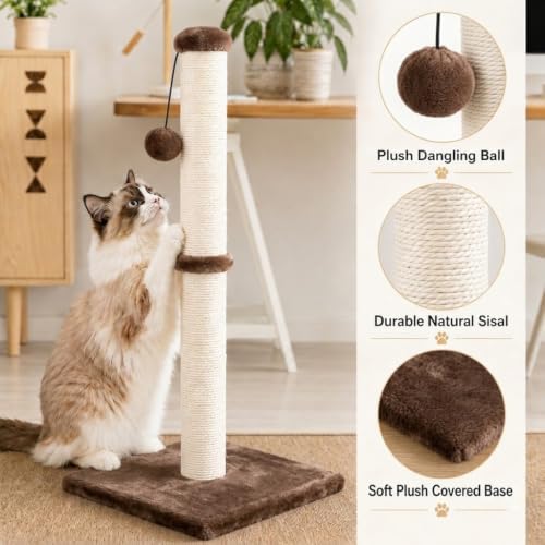 Dimaka 29" Tall Cat Scratching Post, Claw Scratcher with Sisal Rope and Covered with Soft Smooth Plush, Vertical Scratch [Full Strectch] for Standard Size Cats (Dark Brown, 29 inches for All Cats) - Image 4