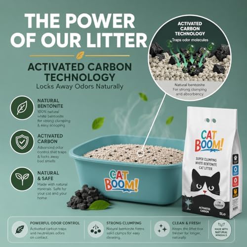 CatBoom Premium White Bentonite Clumping Clay Cat Litter Active Carbon| Super Absorbent Fine Granule Kitty Supplies | 99.5% Dust Free Multi-Cat Formula | Low Tracking Paw-Friendly 9.3 lb - Image 3
