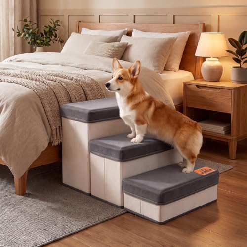 Foldable Pet Stairs & Steps for Bed with Hair Remover Tool - 3-Step Dog Steps for Bed/Couch/Windowsill/Car, Anti-Slip Foam Pet Stairs, Space-Saving Storage Design, Sturdy & Safe Indoor Pet Ramp - Image 7