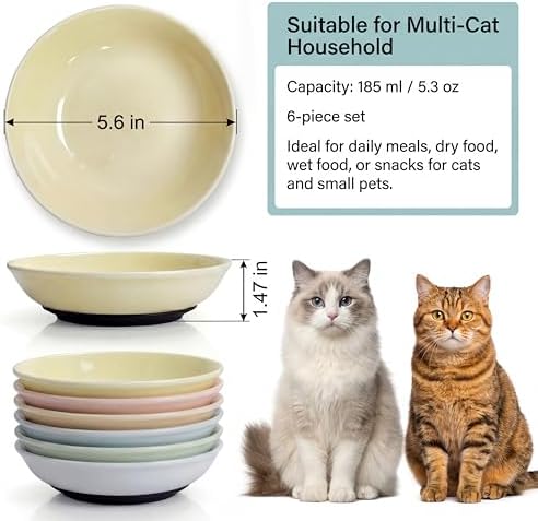 Ceramic Cat Food Bowls 6 Pack – Shallow Cat Bowl with Non-Slip Silicone Base, Whisker-Fatigue Dishes for Indoor Cats – Microwave Dishwasher Safe – 5.3 oz Colorful Pet Plates for Wet Dry Food Water - Image 2